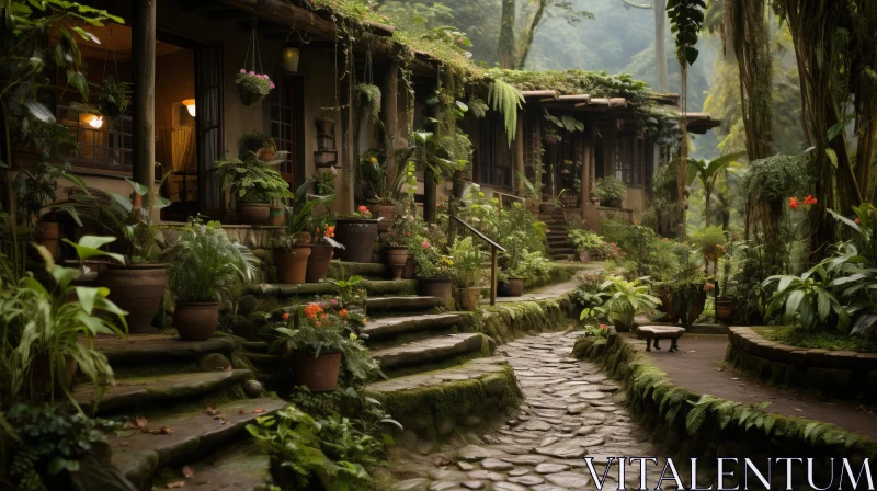 AI ART Enchanting Pathway with Potted Plants and Flowers | Villagecore Atmosphere