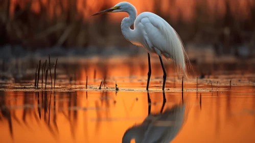 White Egret at Sunset - A Serene Capture in Shallow Waters