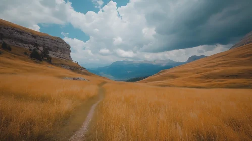 Golden Field Path to Mountains