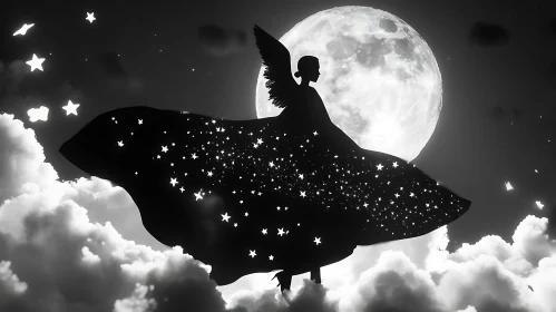 Monochrome Angel with Moon and Stars