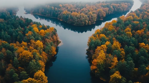 Autumn River Scene from Above with Colorful Trees