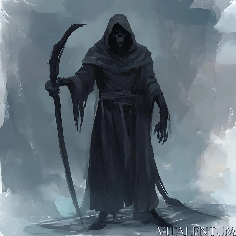 AI ART Death Figure with Scythe in Misty Landscape