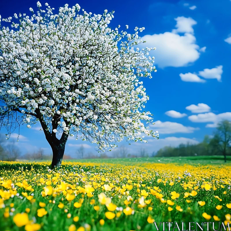 Spring Blossom Tree and Yellow Flowers AI Image