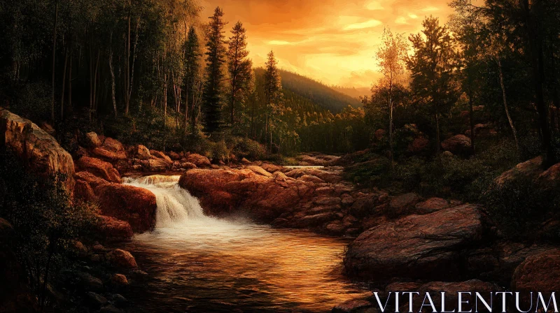 AI ART Golden Hour Waterfall in the Woods