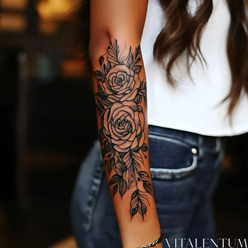 Intricate Rose and Leaf Arm Tattoo Design AI Image