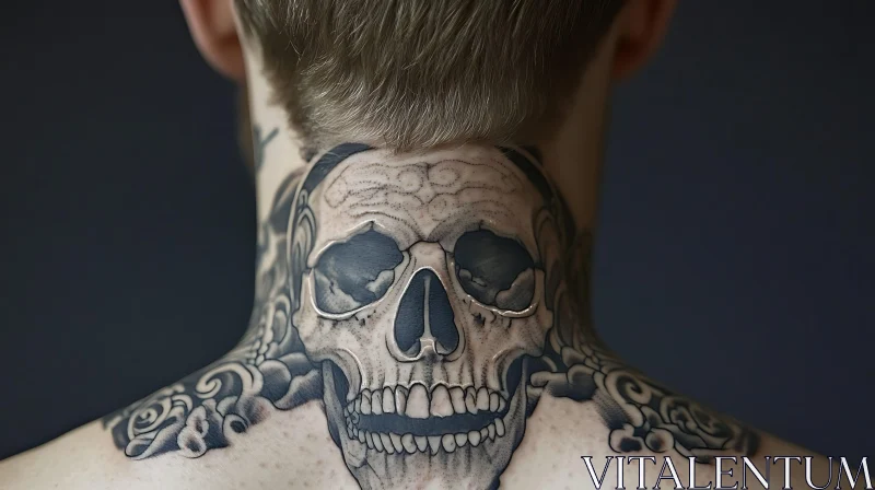 Black and White Skull Tattoo on Neck and Upper Back AI Image