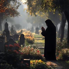 Silhouette in Prayer at Cemetery