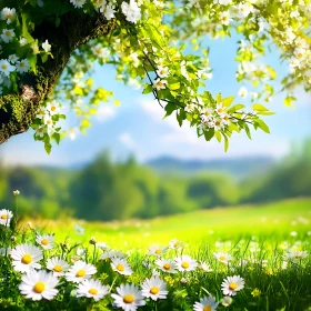 Spring Meadow with Daisies and Blossoms