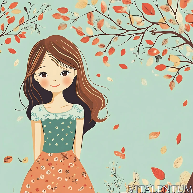 Autumnal Cartoon Portrait of a Girl AI Image