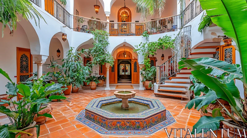 Indoor Courtyard with Fountain and Greenery AI Image