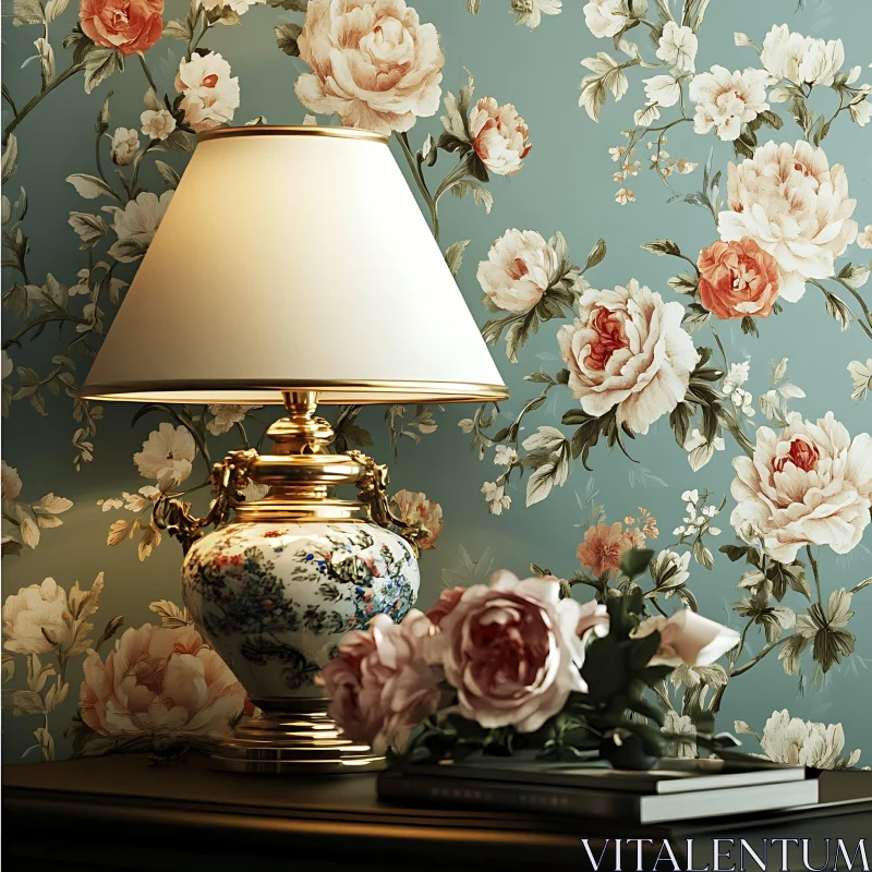 AI ART Vintage Lamp with Roses and Floral Wallpaper