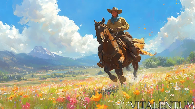 Horseback Riding in a Field of Flowers AI Image