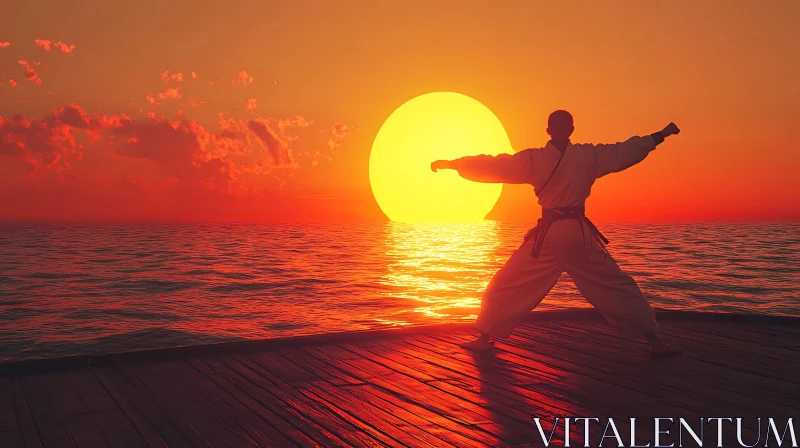 AI ART Silhouette Practicing Martial Arts at Sunset