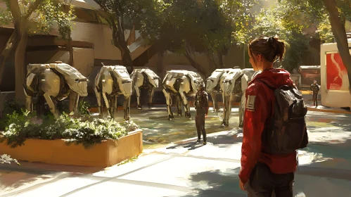 Woman and Robotic Animals in City