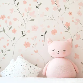 Pink Cat Doll and Floral Wallpaper Still Life