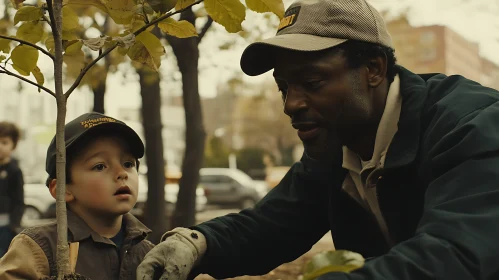 Man and Boy Planting Sapling