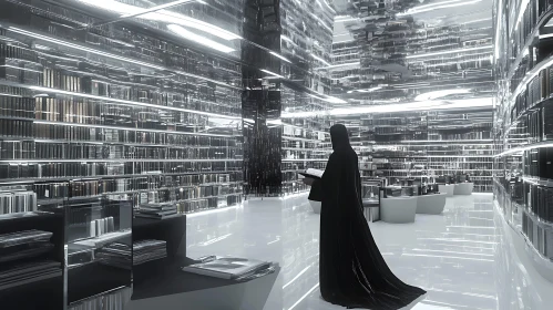 Monochrome Library with Books and Reader