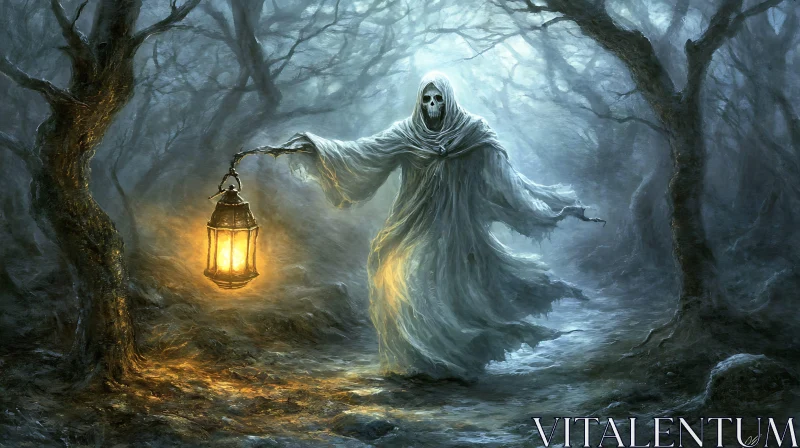 AI ART Ethereal Figure with Lantern in Misty Forest