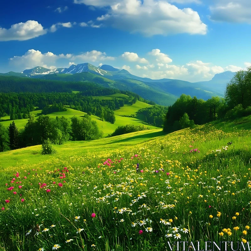 Floral Meadow with Mountain Backdrop AI Image