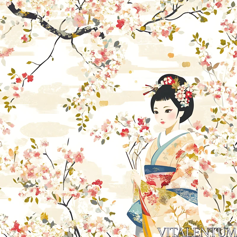 Floral Kimono Woman Art AI Image