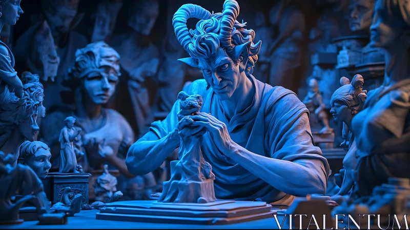 Blue Toned Horned Figure Sculpting Art AI Image