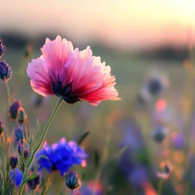 Pink Flower Among Blue Flowers