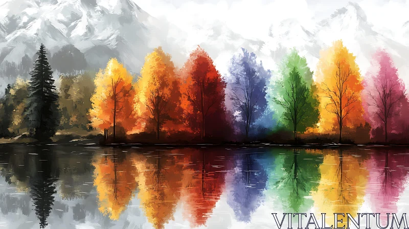 Colorful Trees by Lake with Mountain View AI Image