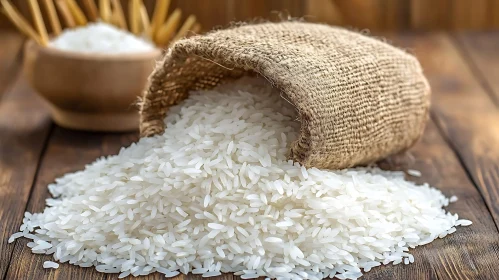 White Rice Spilling from Burlap Sack onto Wooden Surface