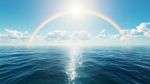 Tranquil Ocean Scene with Rainbow and Fluffy Clouds