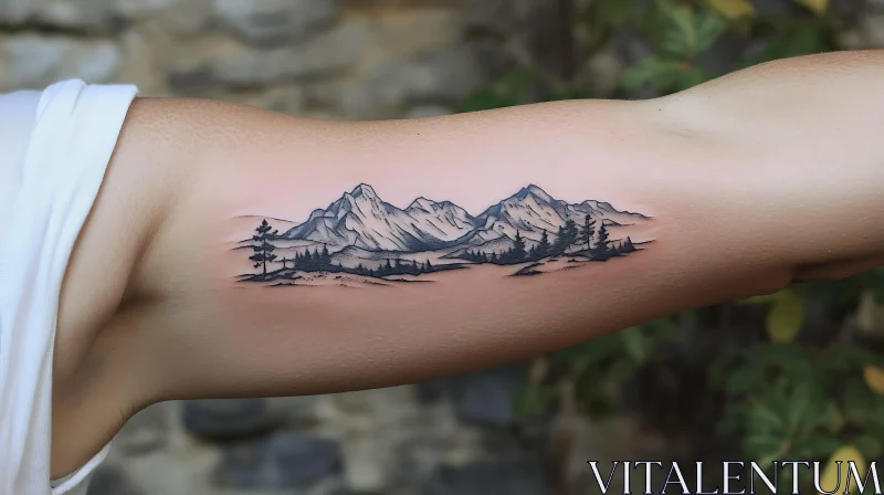 Mountain View Arm Tattoo in Black and Grey AI Image