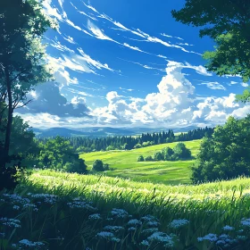 Scenic Meadow Landscape with Fluffy Clouds