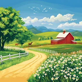 Rural Farm Scene with Daisies Field