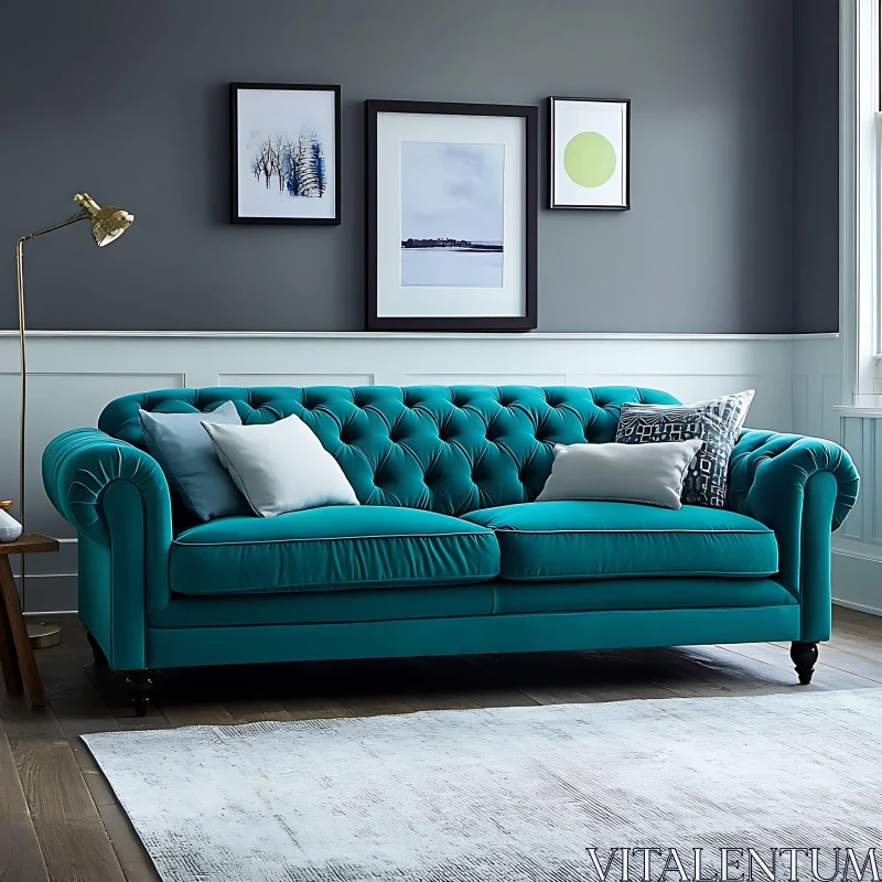 Teal Chesterfield Sofa with Pillows AI Image