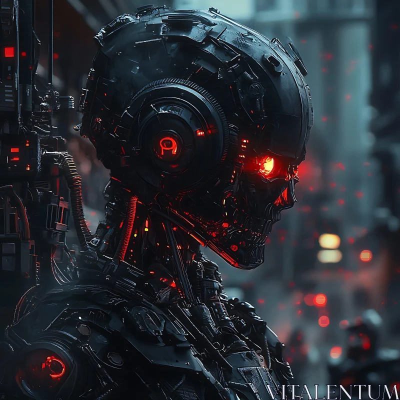 Menacing Cybernetic Humanoid in Urban Landscape AI Image