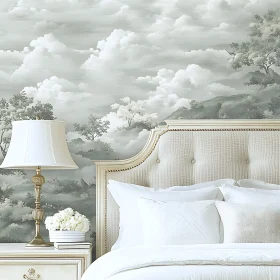 Peaceful Bedroom Interior with Cloudscape Wallpaper