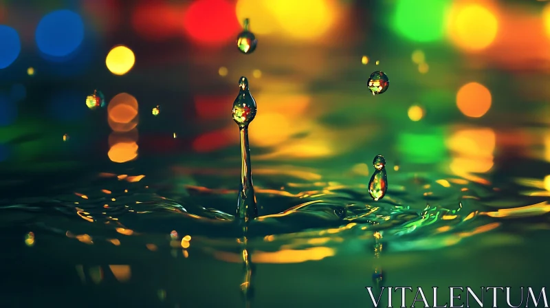 Mid-Splash Water Droplets with Colorful Bokeh AI Image