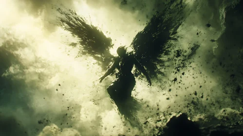 Winged Silhouette in Atmospheric Scene