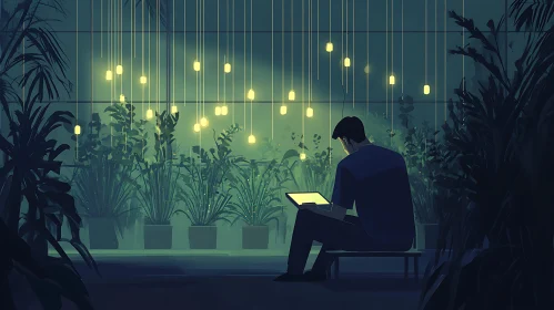 Indoor Garden with Person and Glowing Lights