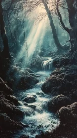 Enchanted Forest Stream with Sunlight