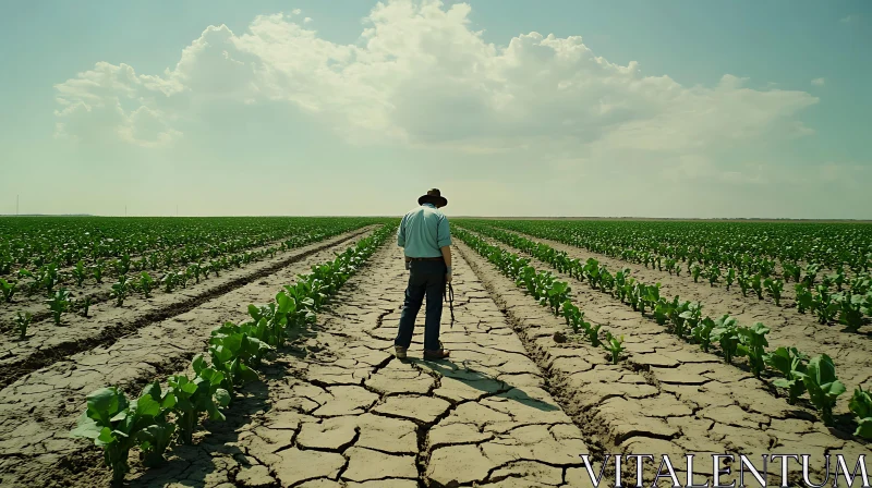 Man Walks Through Cracked Field AI Image