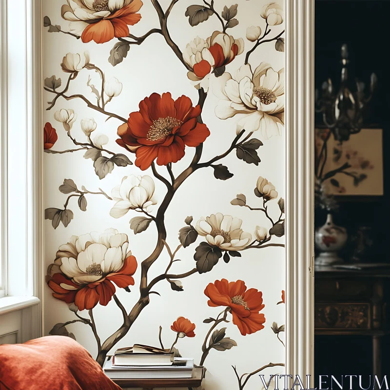 AI ART Vintage Floral Wallpaper with Red and White Flowers