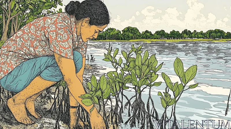 Woman Planting Mangroves by the River AI Image