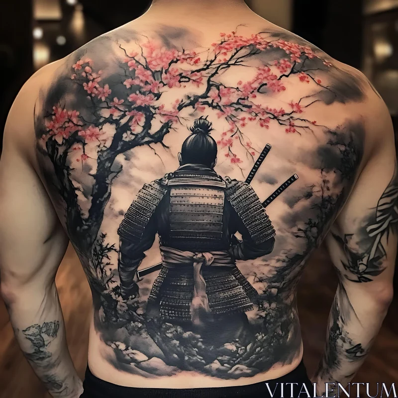 Full Back Samurai Tattoo with Cherry Blossoms AI Image