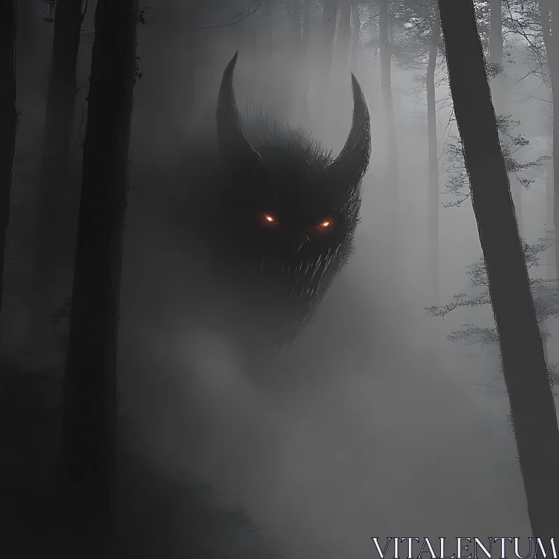 Shadowy Horned Figure in Misty Woods AI Image