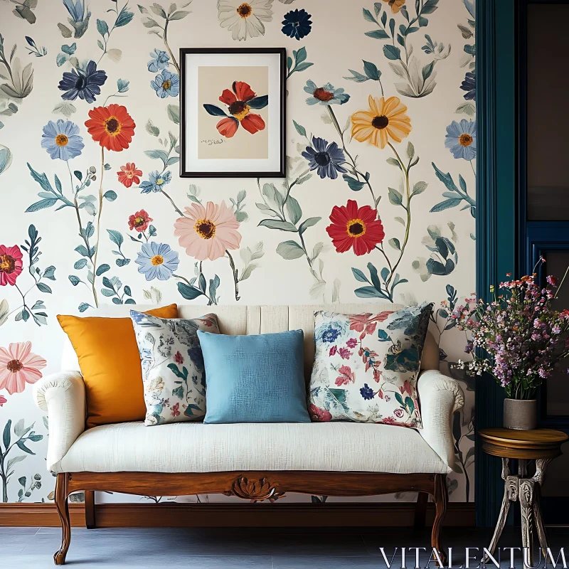 Comfortable Couch with Floral Wallpaper AI Image