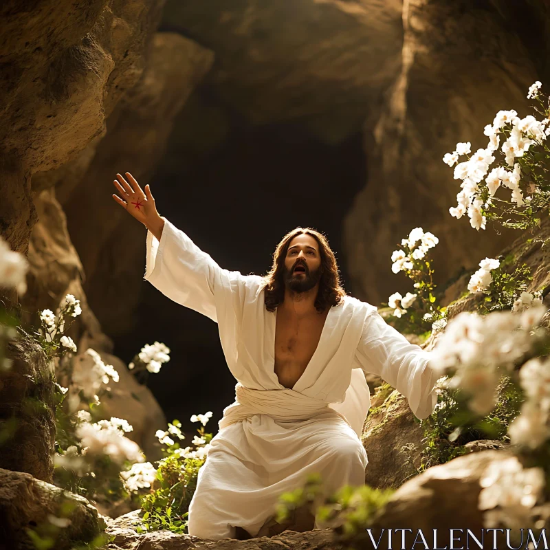 Man in White Robes Among Flowers AI Image