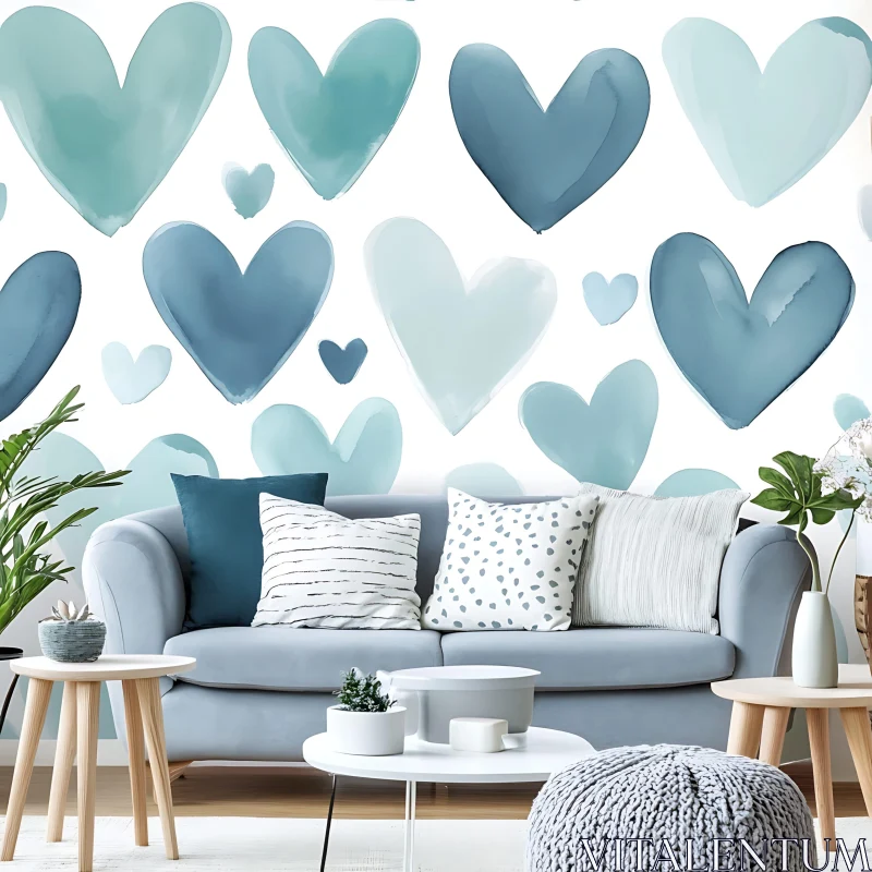 AI ART Blue Heart Decor in Cozy Living Space