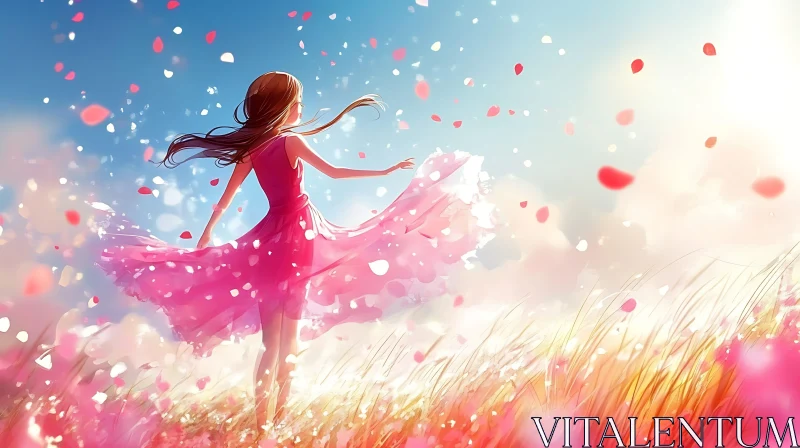 AI ART Anime Girl in Field with Flower Petals