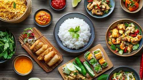 Variety of Asian Cuisine with Rice and Appetizers