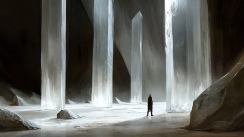 Figure in Ice Cave with Standing Monoliths